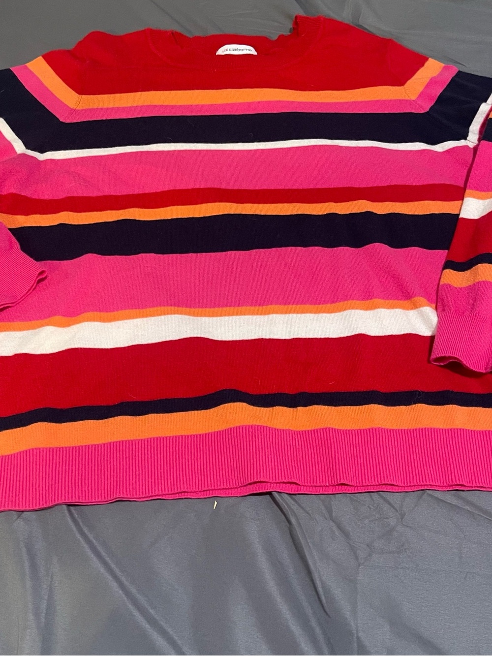 Liz Claiborne Red, Pink, Navy & Orange Striped Crewneck Sweater